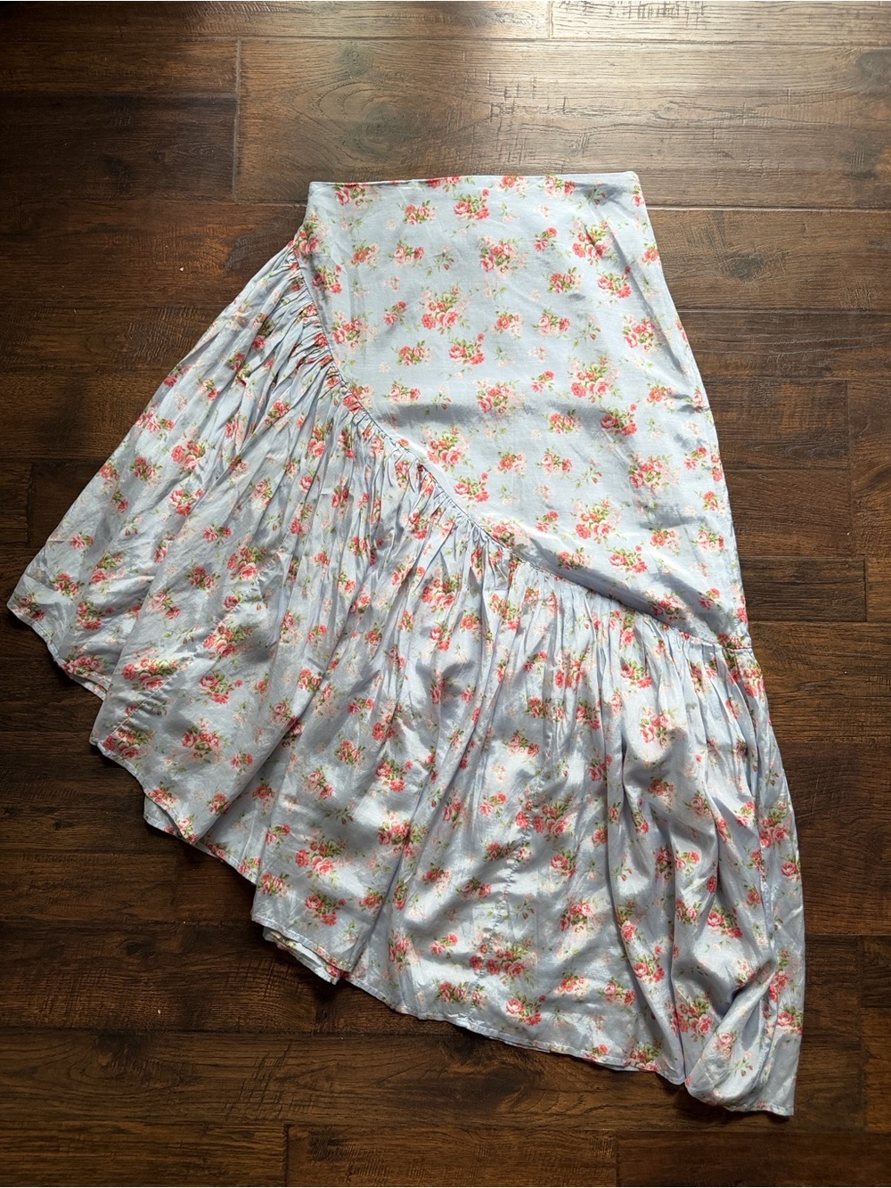 Abercrombie & Fitch  Blue Asymmetrical Floral Pleated Skirt with Pink Flowers
